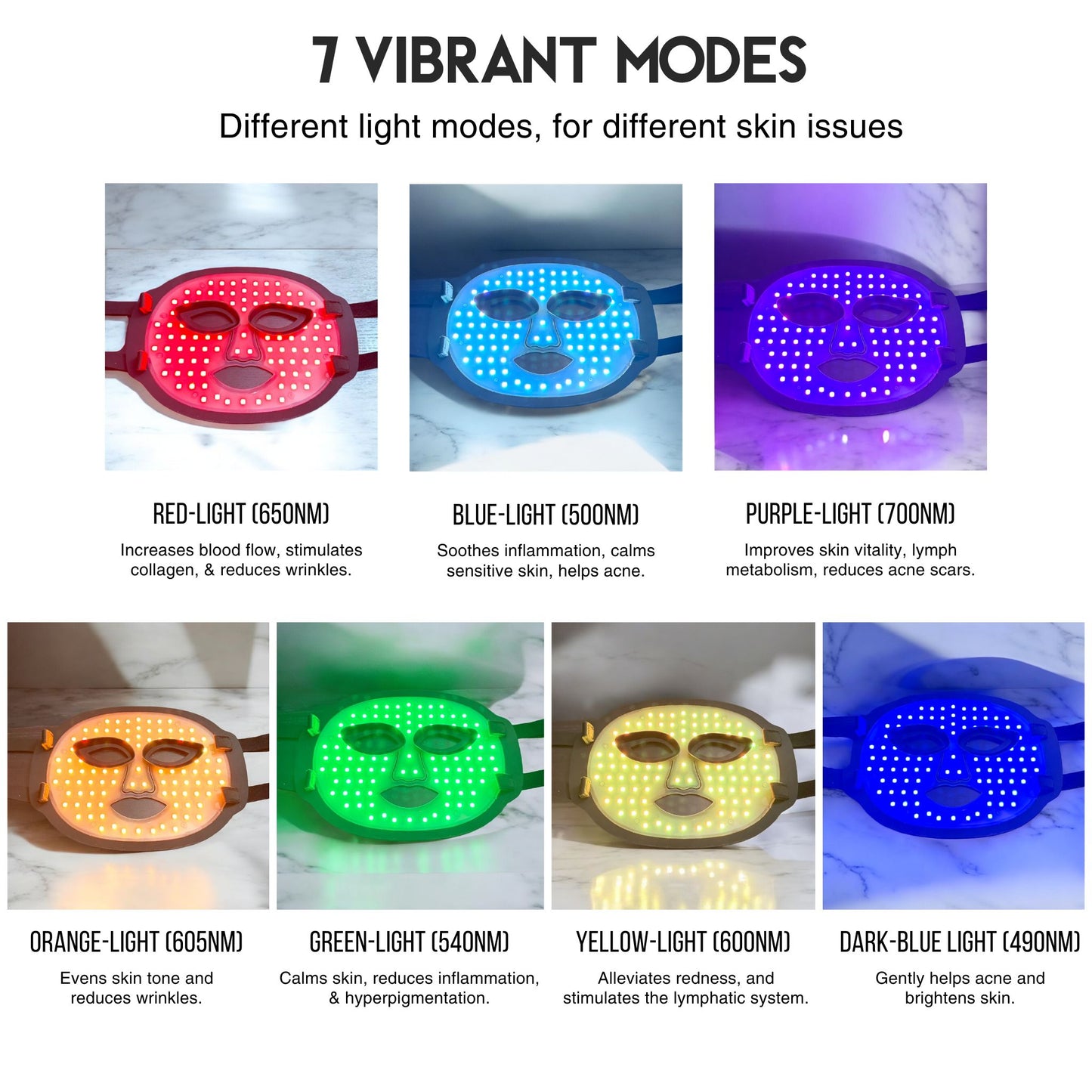 The face mask has 7 light therapy modes, red light, blue light, purple light, orange light, green light, yellow light, and dark blue light.