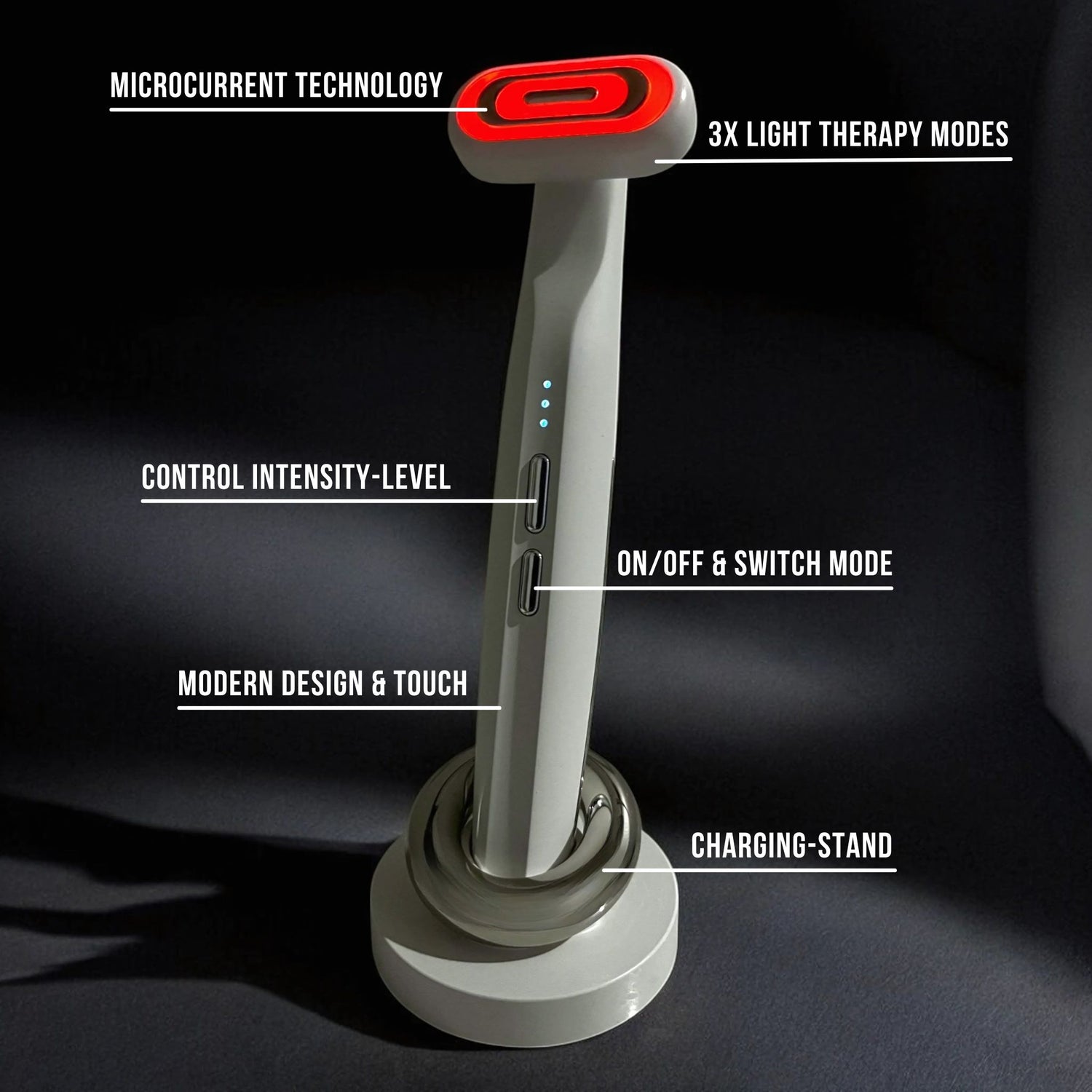 Modern red light therapy face massager, standing in front of a black background, with its modes and specs.