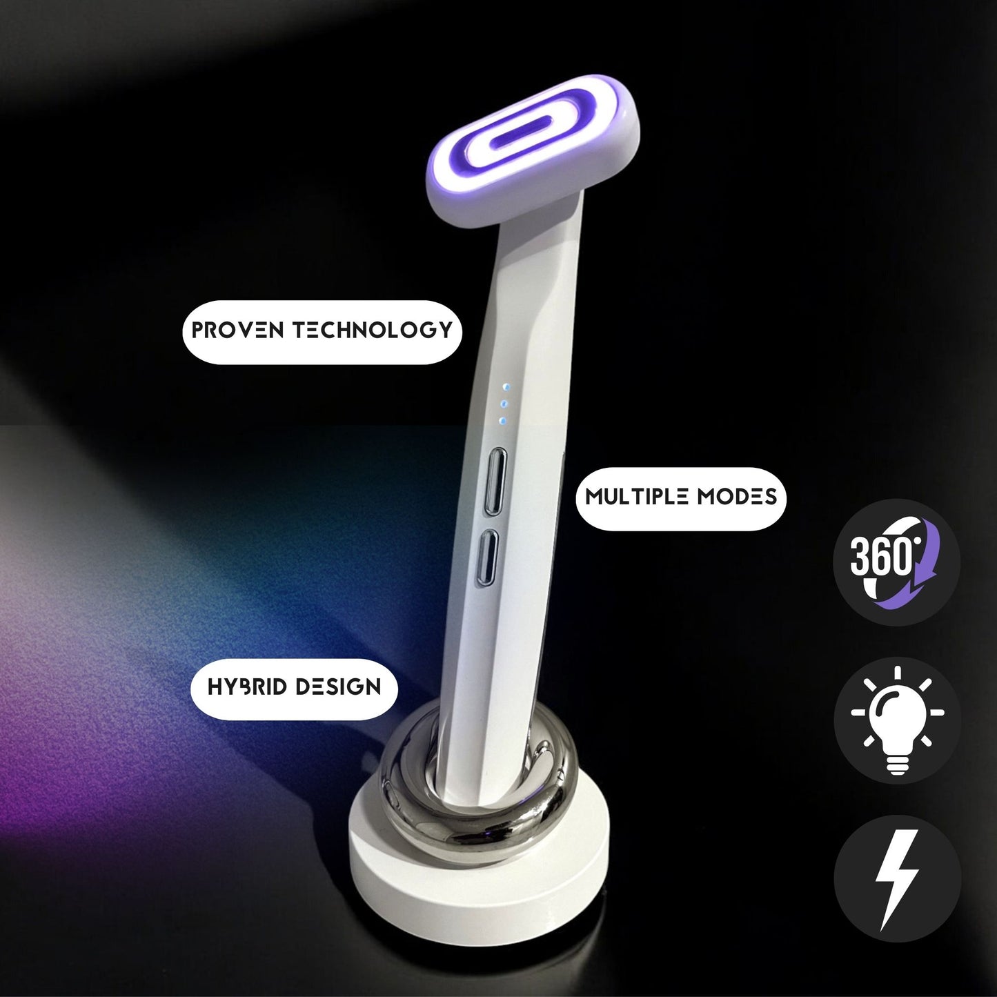 Modern wand massager device, with multiple modes like red light, blue light, and purple light therapy for anti-aging.