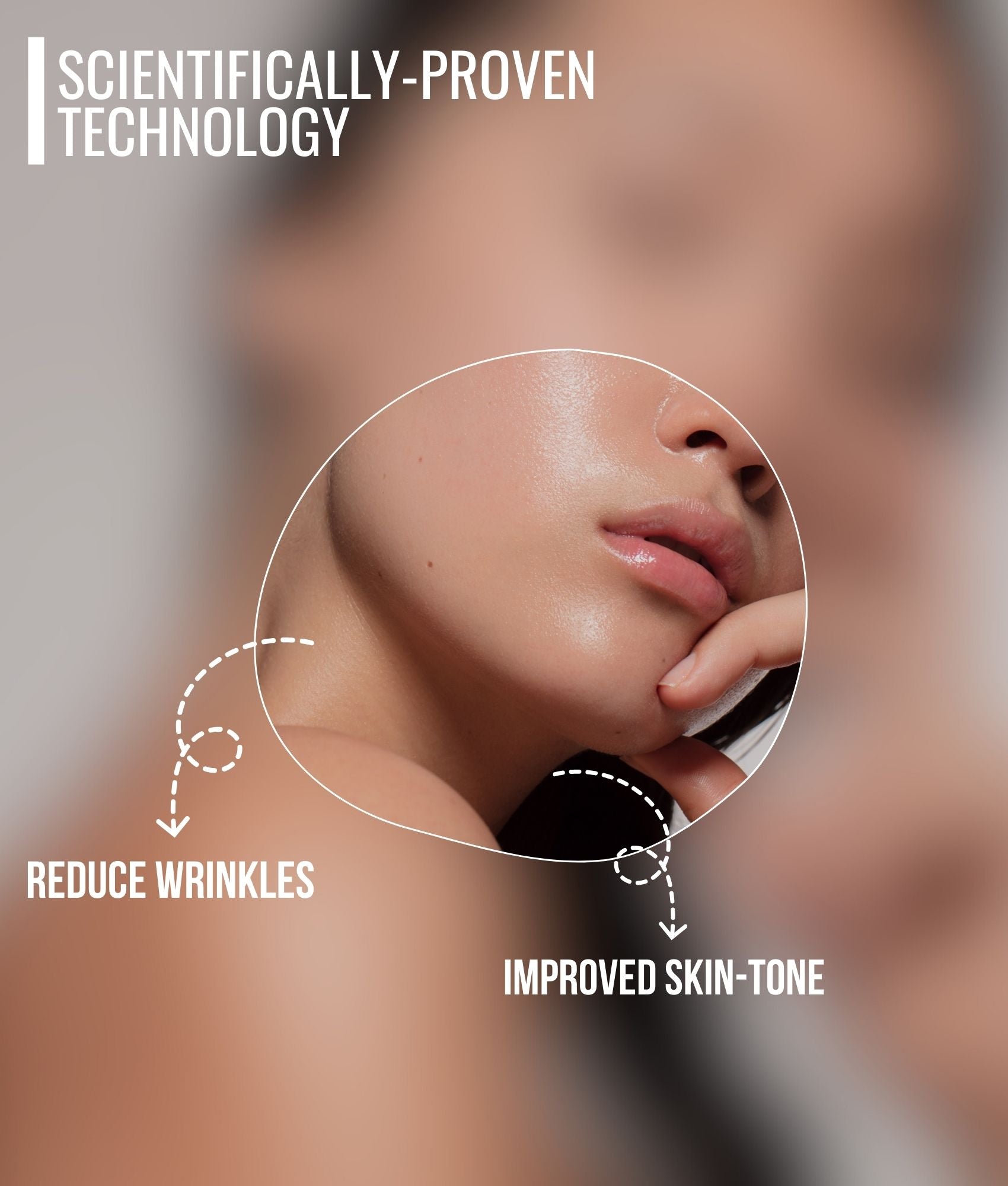 A woman showing her glowing skin with reduced wrinkles and improved face tone, by using modern technology.