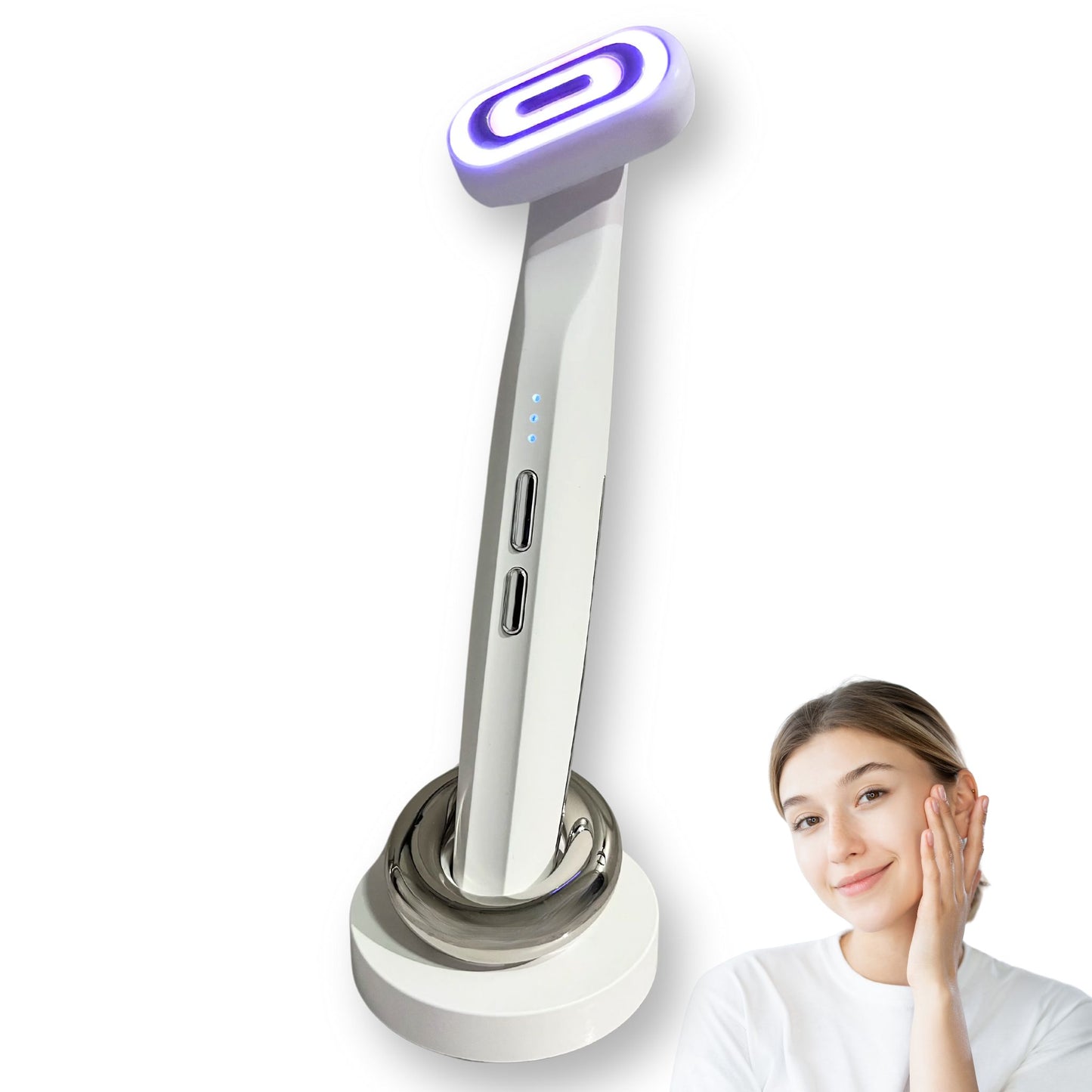 Purple light therapy beauty wand massager standing on a charging dock, as a girl shows her youthful face and skin after using it.