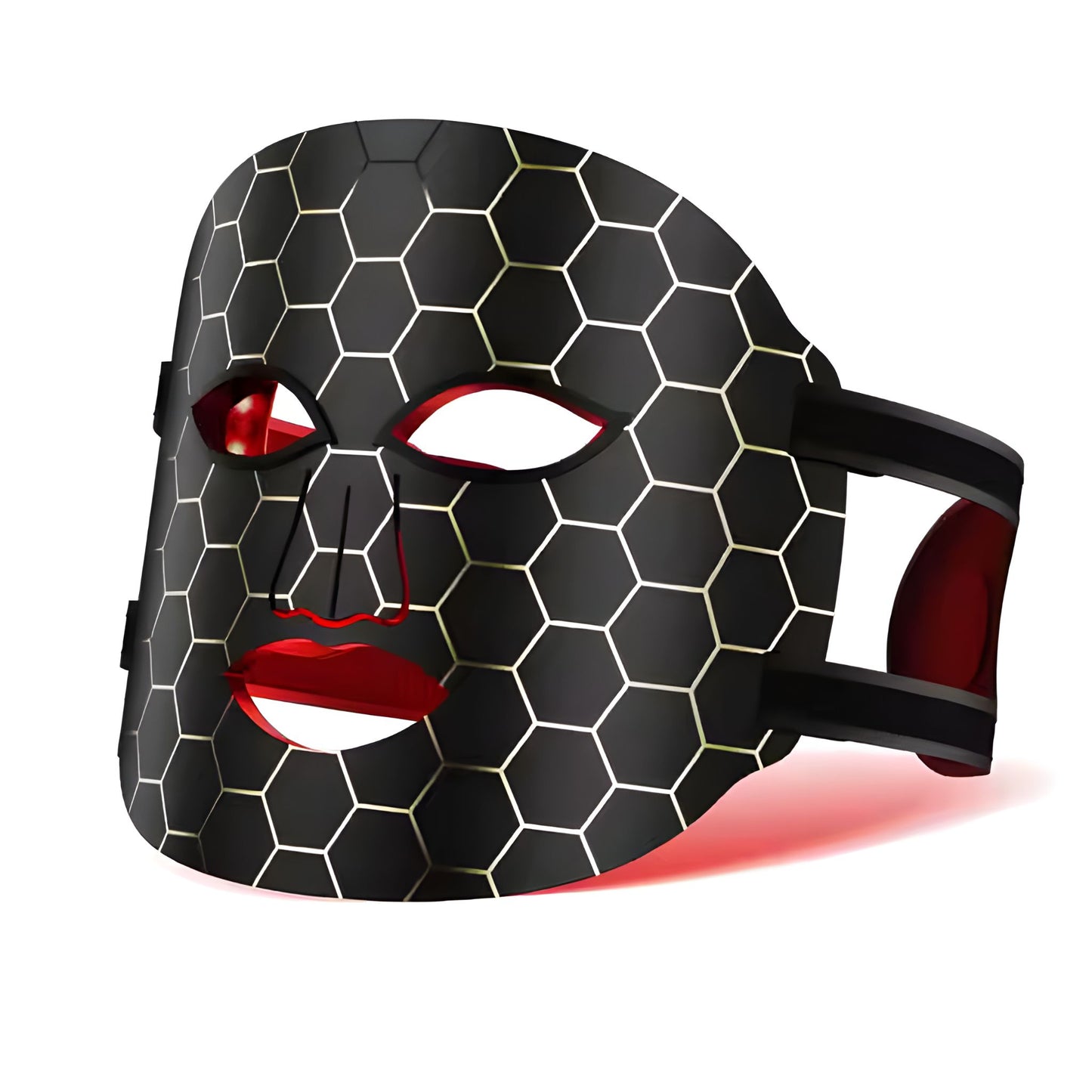 Red light therapy face mask standing against a white backdrop.