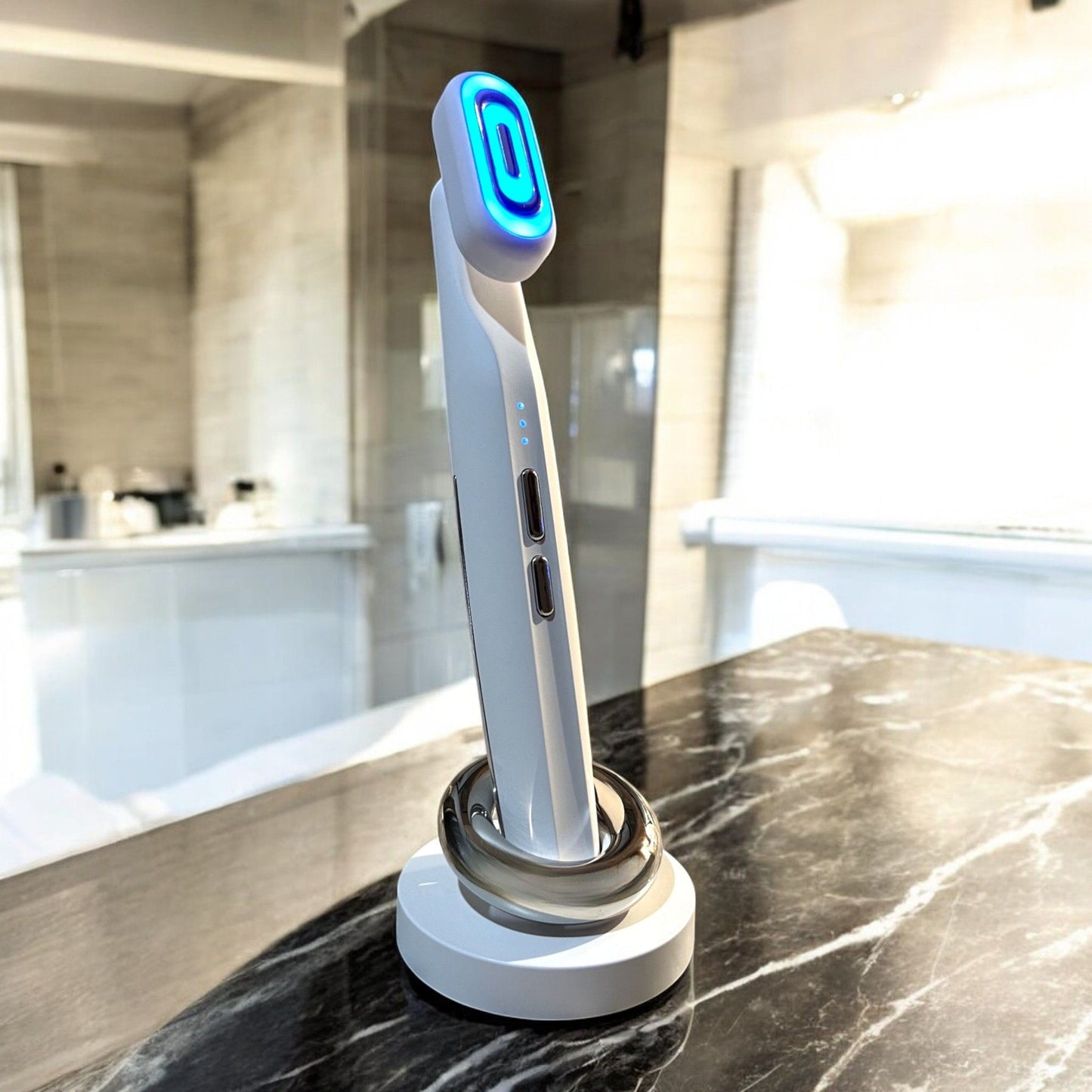 Blue light therapy face wand standing on a countertop of a modern bathroom as an expensive skincare device.