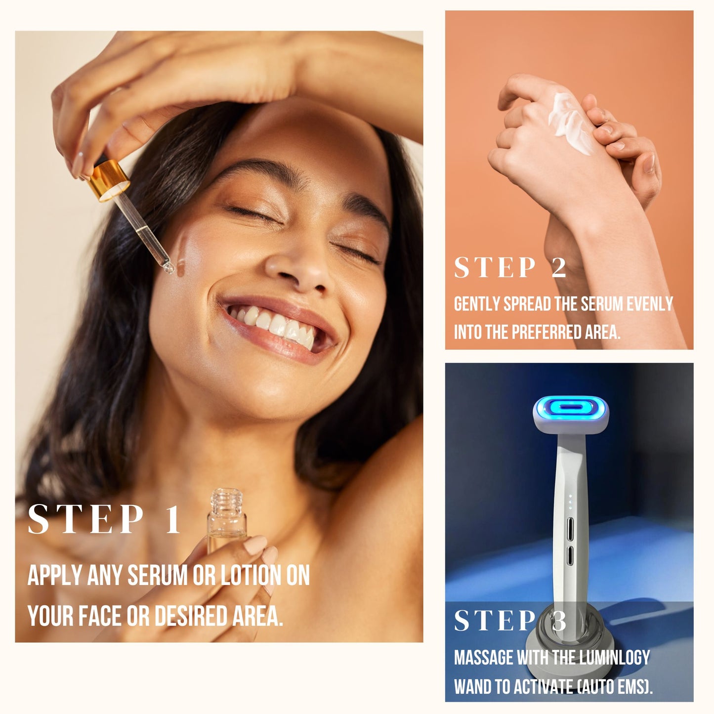 LUMINLOGY light therapy wand massager, instructions for using on the face as a skincare routine.