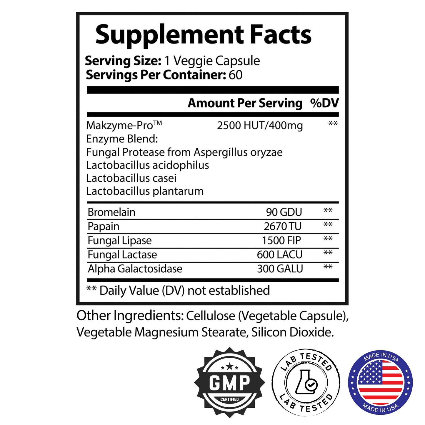 Digestive gut and skin supplement facts, GMP certified, lab-tested, made in USA.