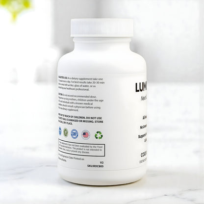 Co Enzyme Q10 skincare supplement, standing on a modern marble table.