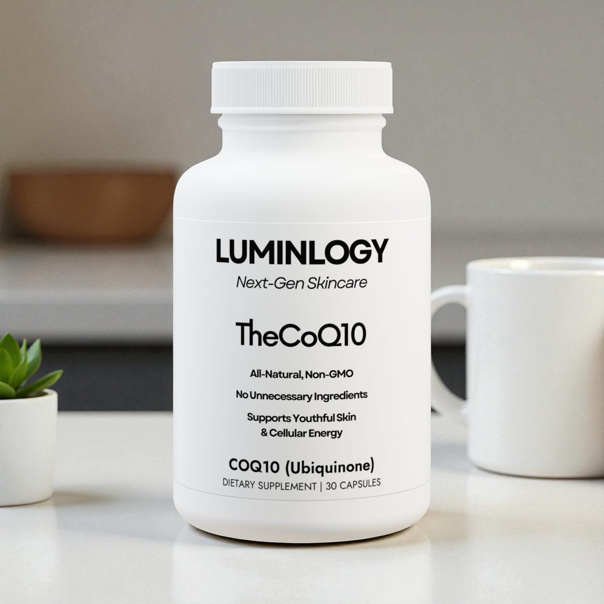 CoQ10 anti-aging and health supplement bottle on a kitchen table with a cup and plant in the background.