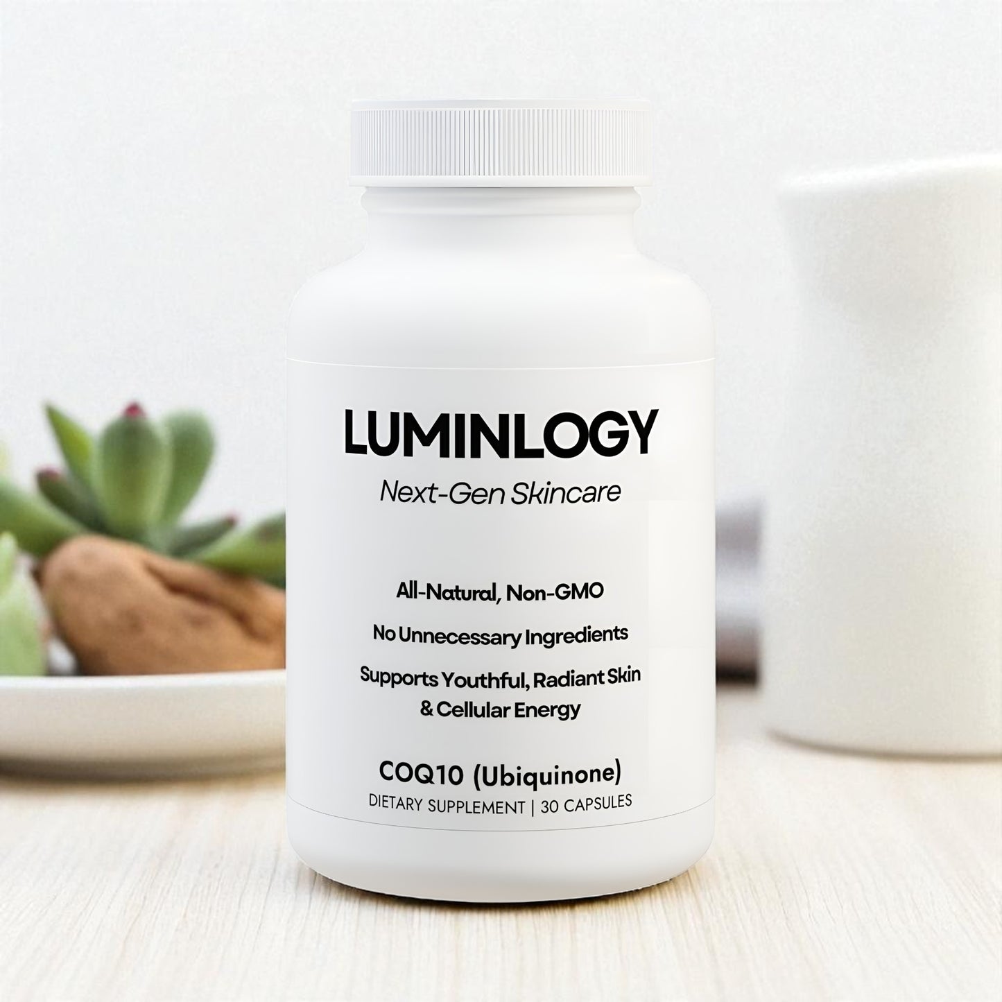 Luminology COQ10 anti-aging supplement bottle on a light surface with a blurred background.