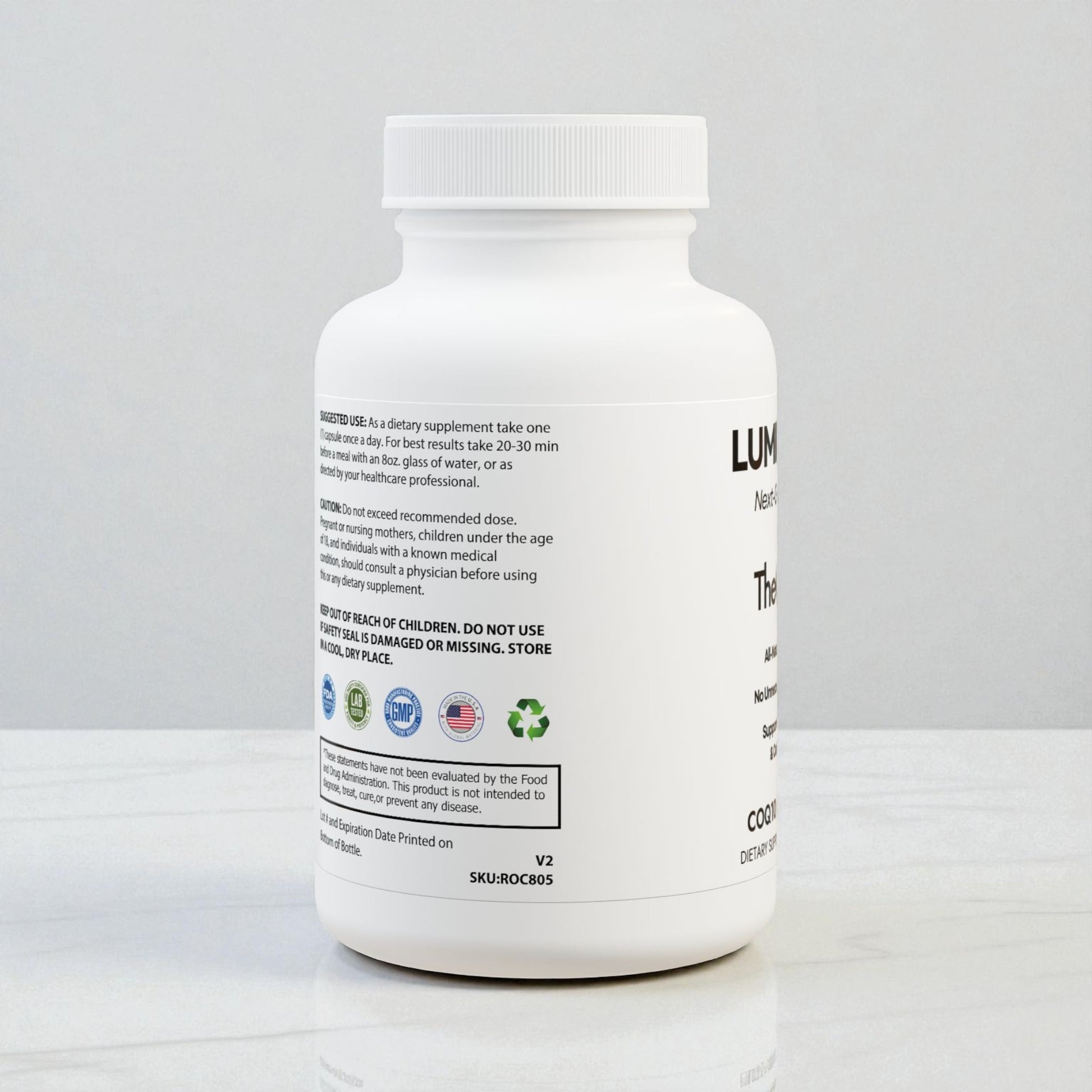 Co Enzyme Q10 skincare supplement, left side, standing on a modern marble table, showing product certifications like GMP, Lab-tested, and Made in USA.