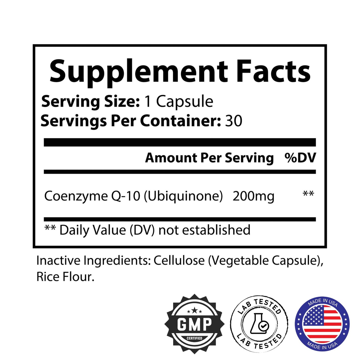 Supplement facts with Coenzyme Q10 ingredients list and GMP-Certified, Lab Tested, Made in USA labels.