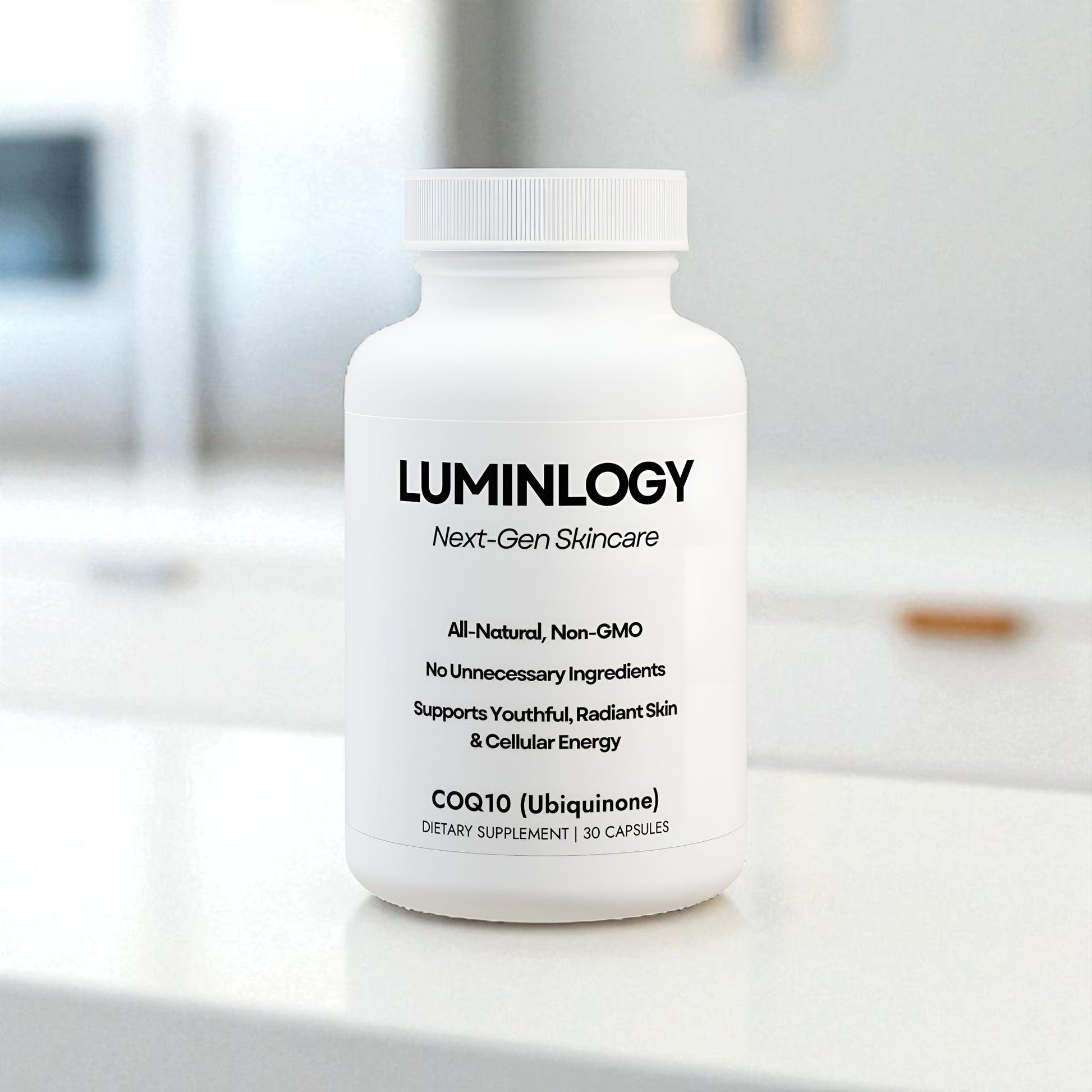 Luminology all natural, non-gmo CoQ10 supplement bottle on a kitchen table with a blurred background.