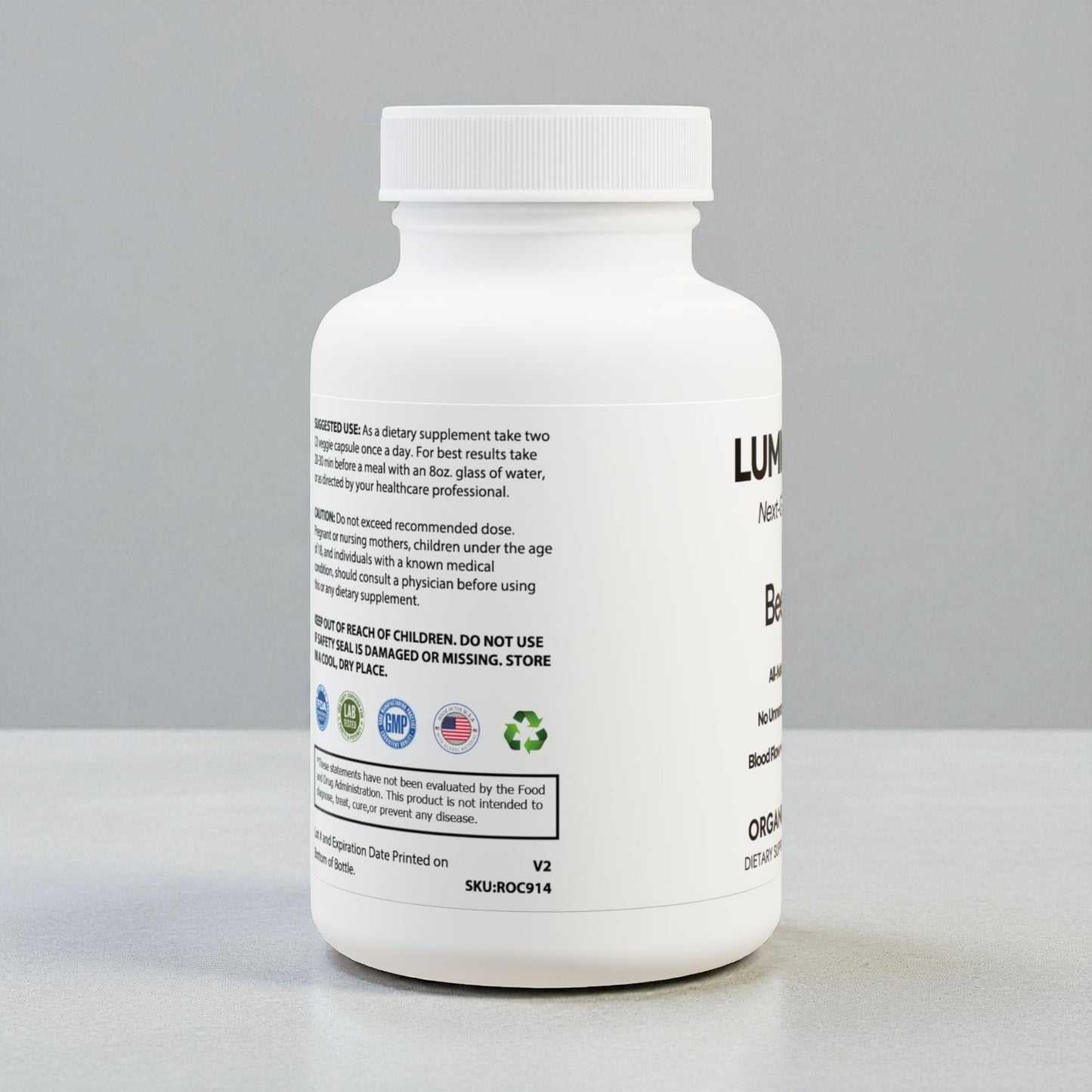 Beetroot supplement bottle back with certifications, GMP certified, 3rd-party lab tested, and made in USA. 