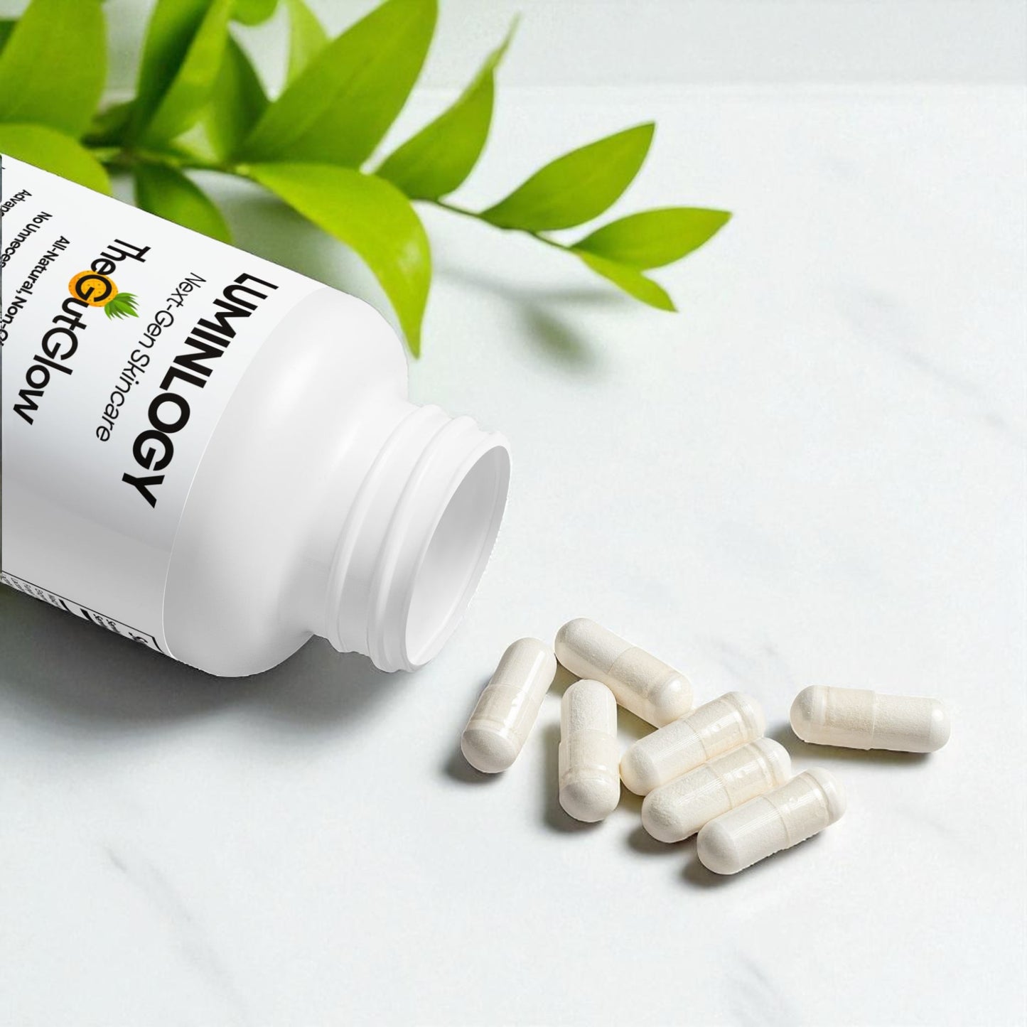 Digestive enzymes all-natural, non-gmo capsules, scattered on a table.