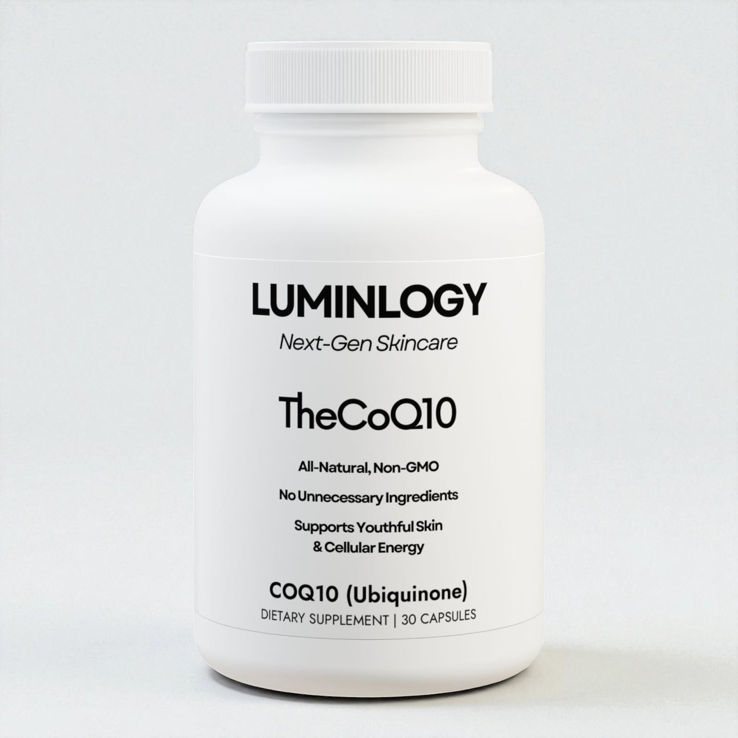 Luminlogy skincare and energy COQ10, natural supplement bottle standing on a white background.