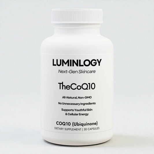 Luminlogy skincare and energy COQ10, natural supplement bottle standing on a white background.