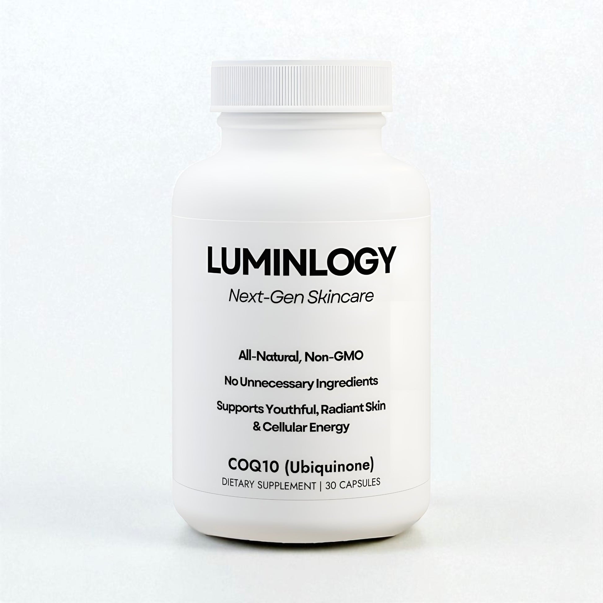 Luminology skincare COQ10, natural supplement bottle on a white background.