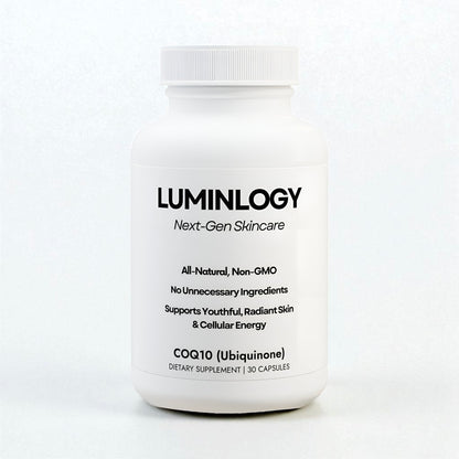 Luminology skincare COQ10, natural supplement bottle on a white background.