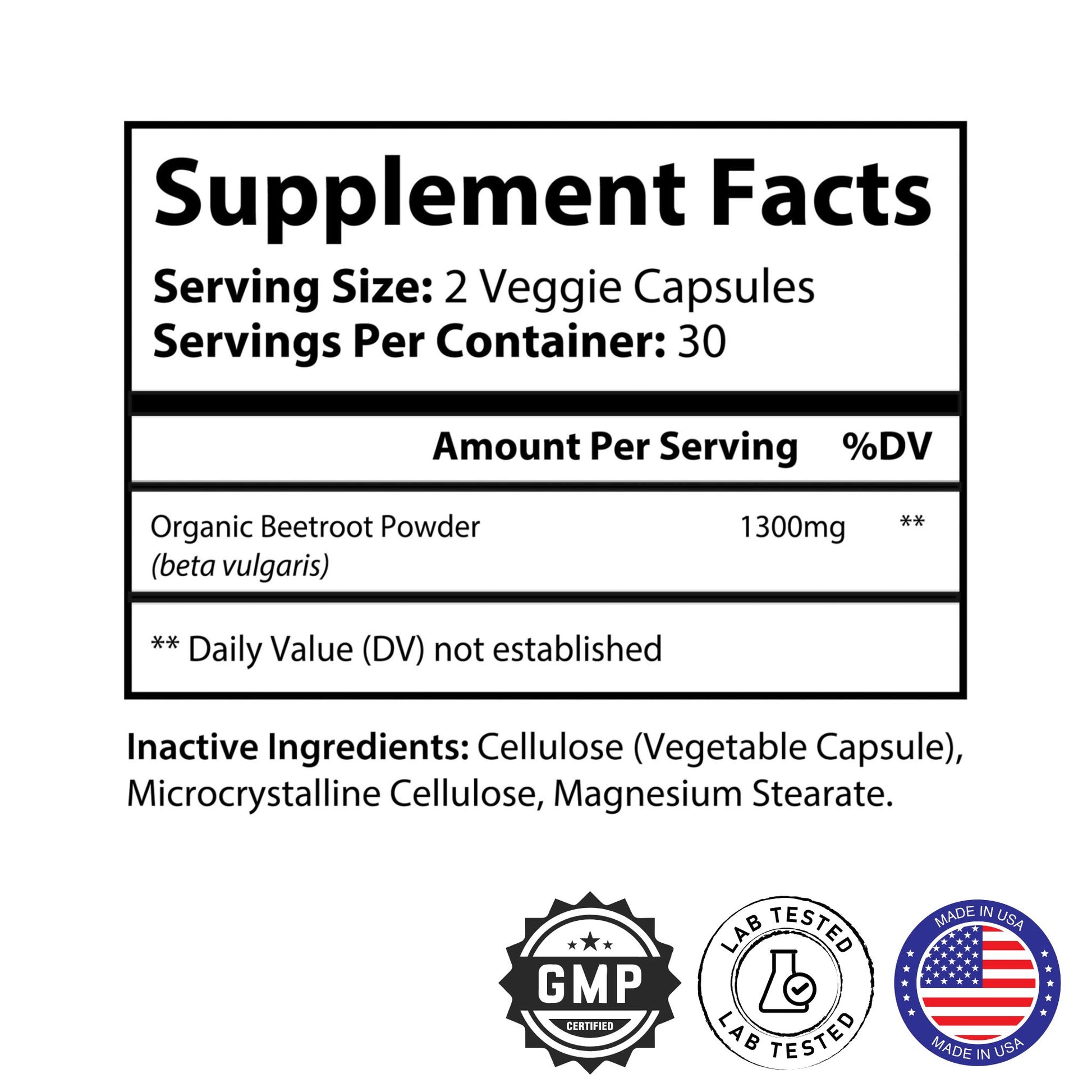 Supplement label with facts about organic beetroot powder ingredients and certification logos.