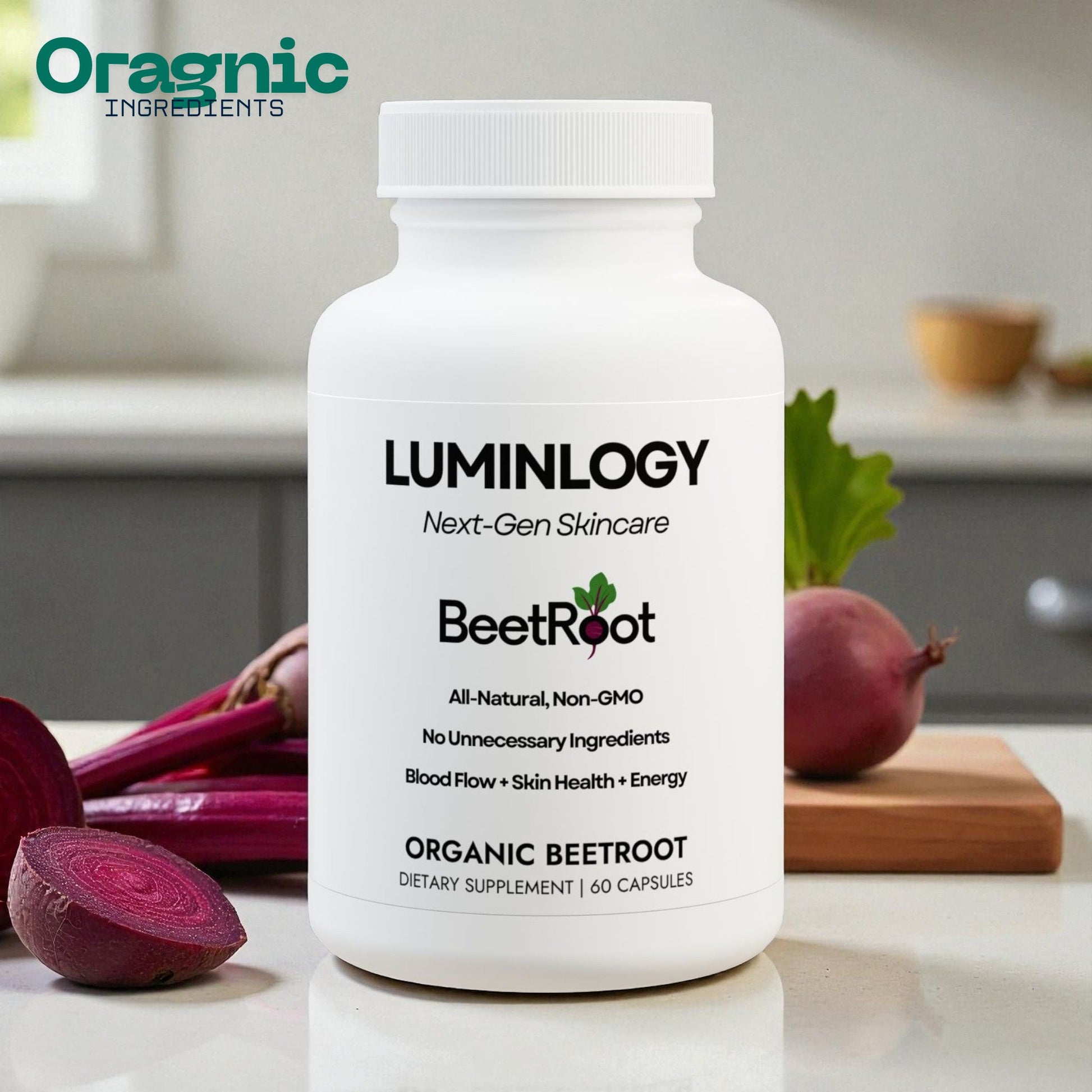 Luminlogy organic Beetroot supplement bottle with cut beets on a kitchen counter.