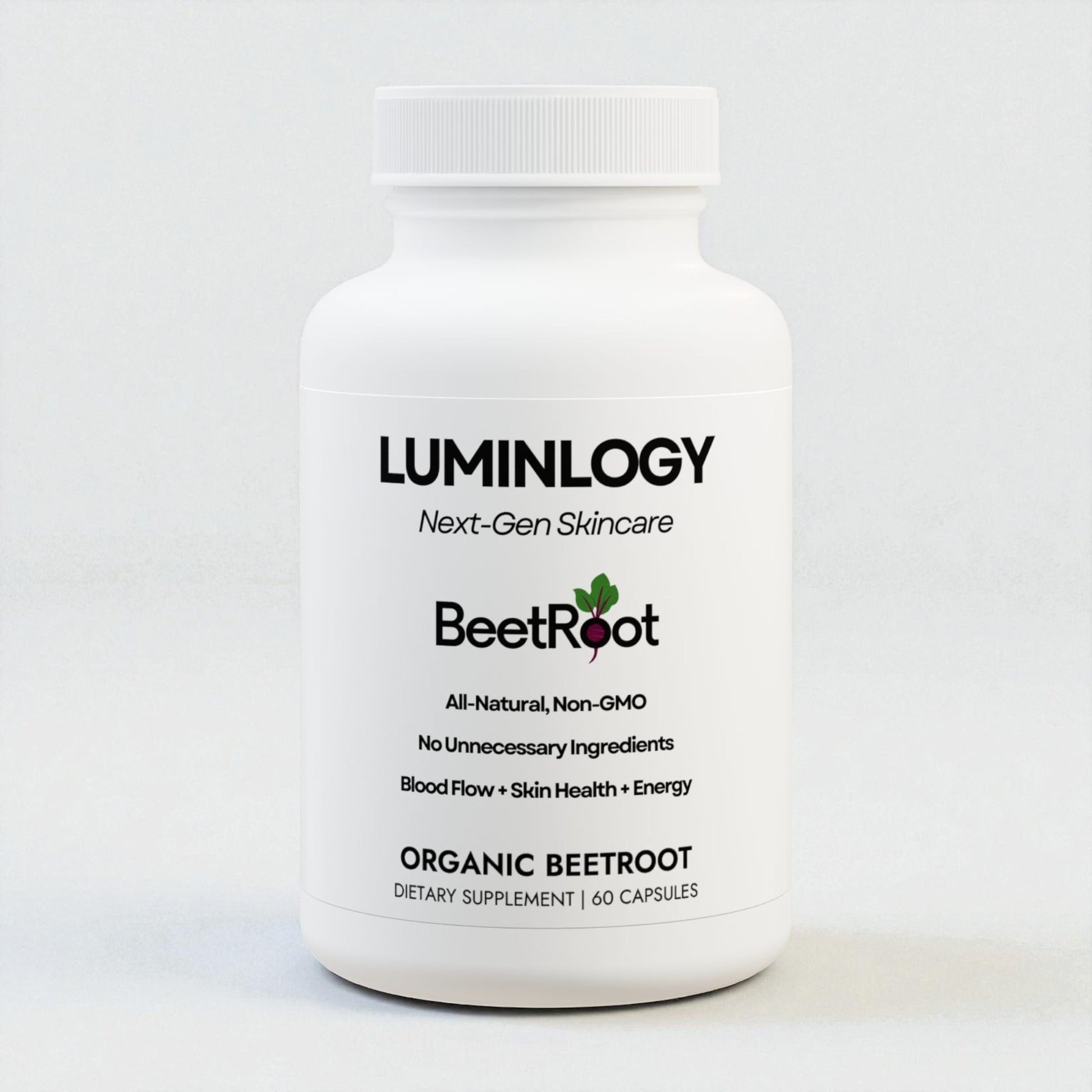Luminology organic Beet Root supplement bottle on a white background.