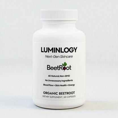 Luminology organic Beet Root supplement bottle on a white background.