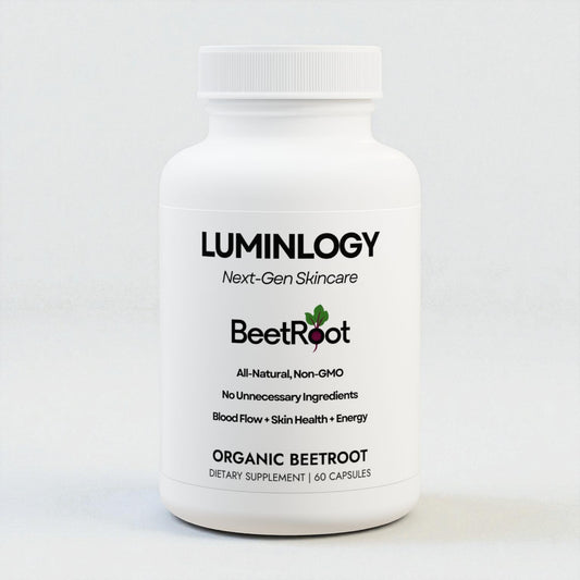 Luminology organic Beet Root supplement bottle on a white background.
