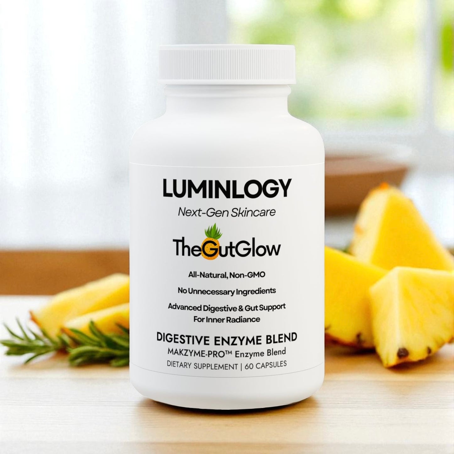 Luminlogy digestive enzyme blend supplement bottle with pineapple slices on a kitchen table.