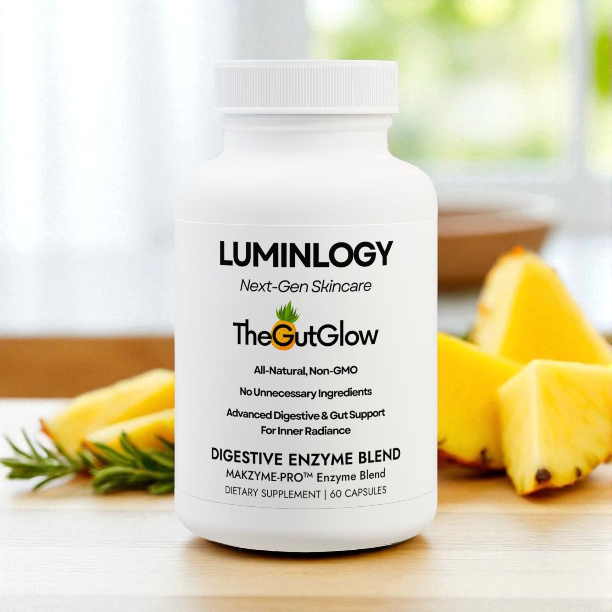 Luminlogy digestive enzyme blend supplement bottle with pineapple slices on a kitchen table.