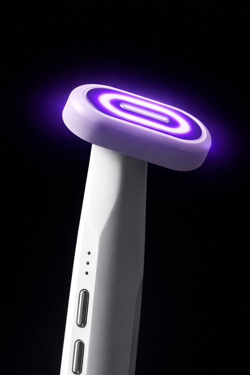 Skincare face wand device with purple light on a black background.