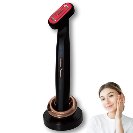 Red light therapy handheld black device on a white background, with a person using it.
