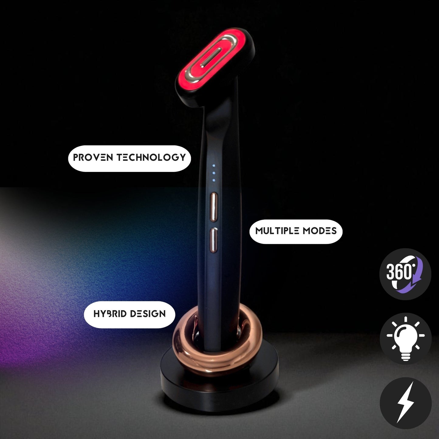Red light therapy wand with 3 different modes including, purple light, blue light, and EMS.