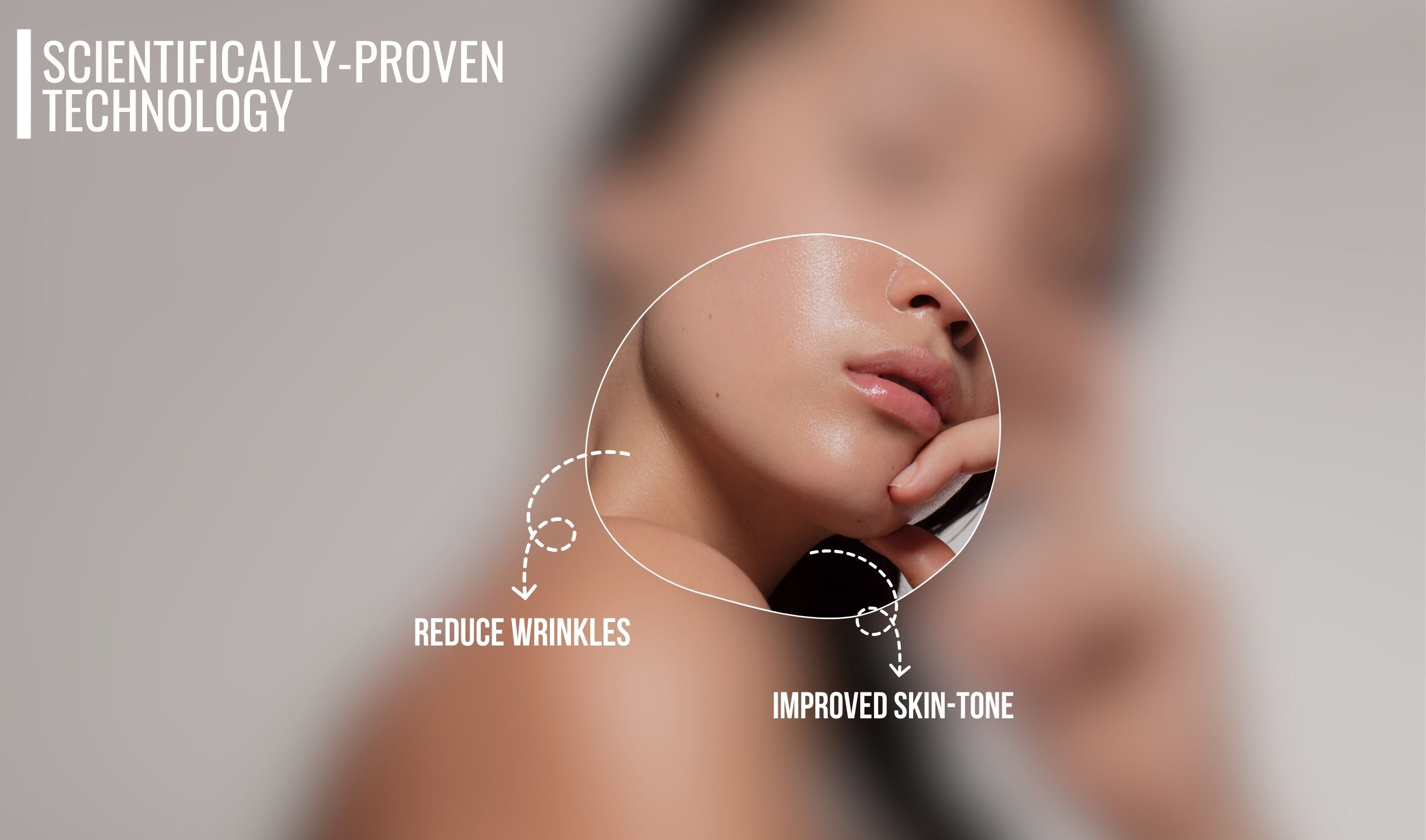 A woman showing her glowing skin with reduced wrinkles and improved face tone, by using light therapy technology.