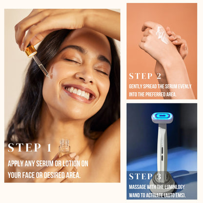 LUMINLOGY light therapy wand massager, instructions for using on the face as a skincare routine.