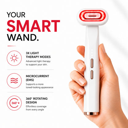 A hand holding a smart red light therapy face wand with the modes labeled, 3x light therapy, micro current ems, and 360 rotating design.